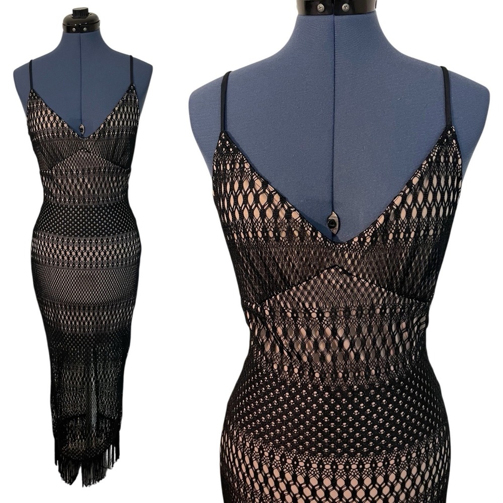 Vtg Fredericks of Hollywood‎ Black Crochet Lace Fringed Maxi Dress Goth Y2K L